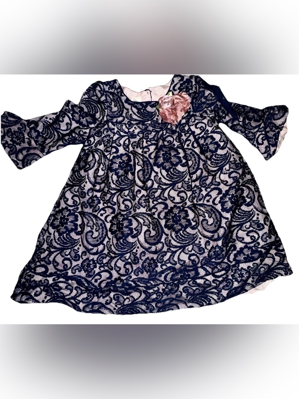 Laura Ashley Navy Lace Dress with Pink Floral Accent